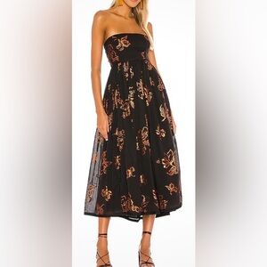 Free People baja babe Black Strapless Dress with metallic  Floral Design. Small